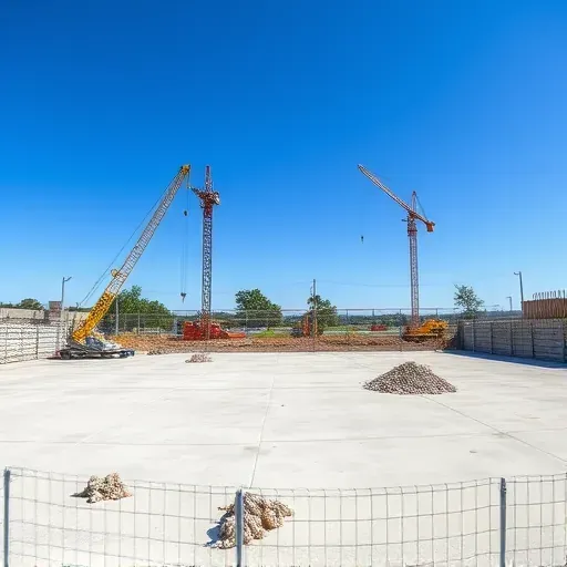 Completed demolition site in Conway SC featuring a clear lot, debris, cranes, and a construction fence under bright sunlight.