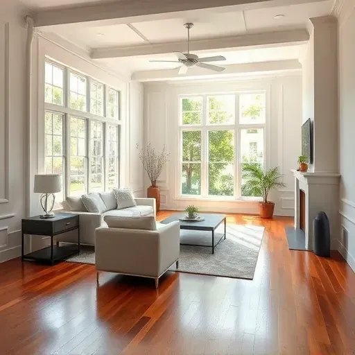Restored Charleston living room with hardwood floors, pristine walls, modern furniture, and sunlight views of lush greenery