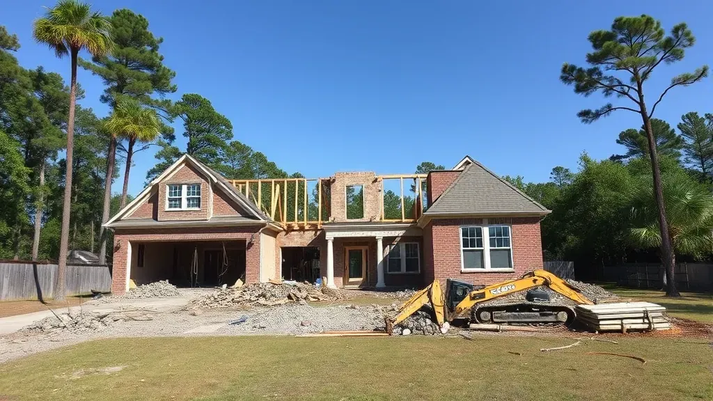 Demolition in Summerville SC with heavy machinery and debris on the ground.