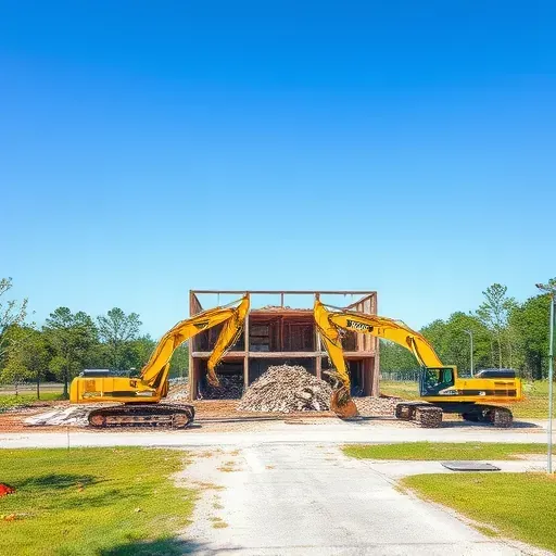 Demolition site in Hardeeville SC with neatly arranged debris and heavy machinery under a clear blue sky.