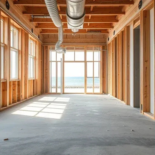 Post-demolition interior scene in Myrtle Beach with exposed studs ductwork dust scattered on concrete floor coastal views sunlight fills space