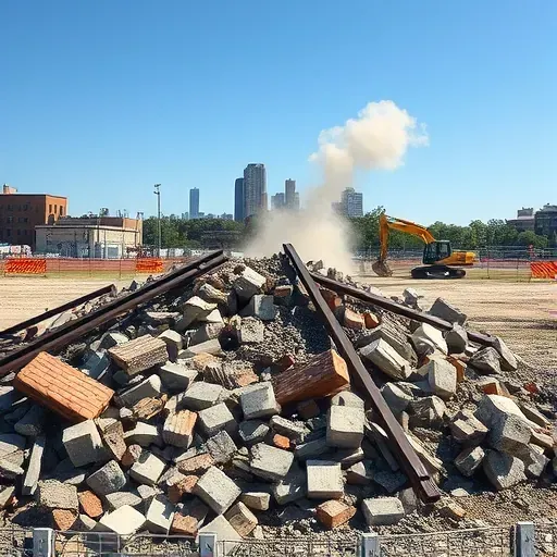 Demolition site in Greenwood SC with debris, skyline, construction equipment, and organized surroundings under blue skies.