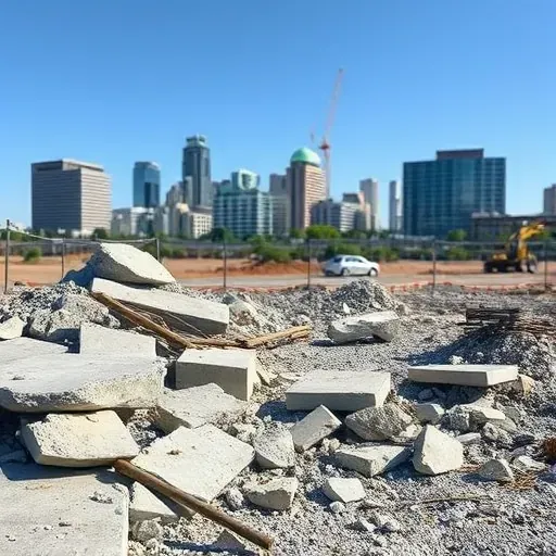 Demolition site in West Columbia SC featuring concrete debris, steel rebar, and skyline in the background.