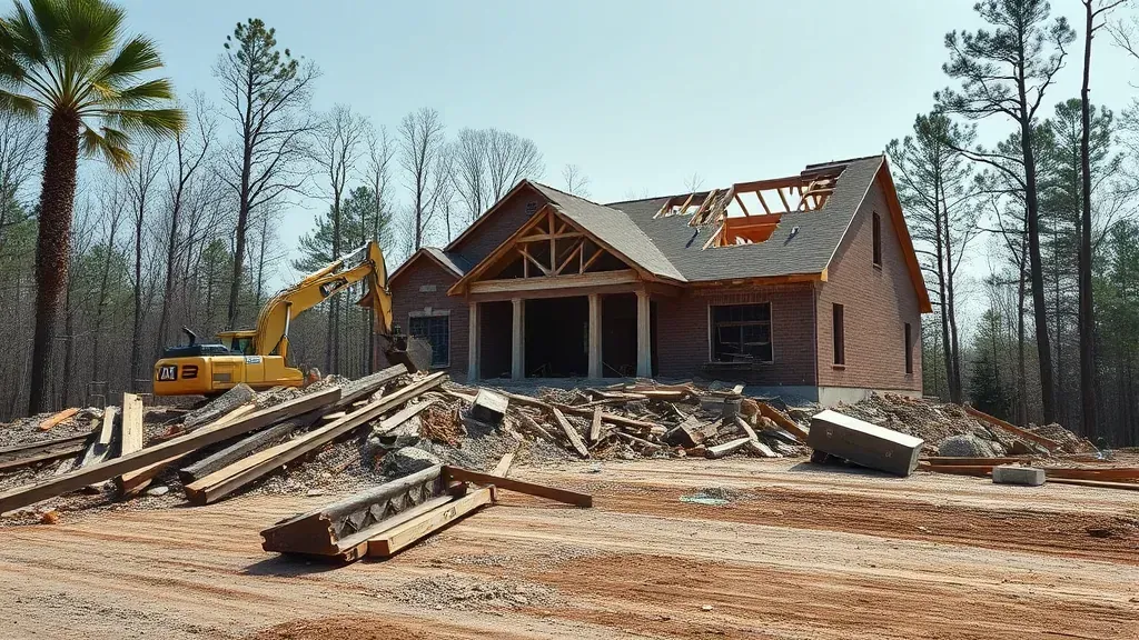 Demolition in Fort Mill, SC showcasing heavy machinery and debris removal activities.