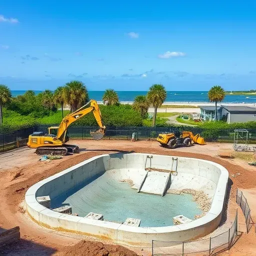 Completed pool demolition site in Charleston SC with machinery, debris, lush landscape, and organized safety measures