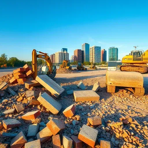 Completed demolition site in Columbia SC with organized rubble, iconic skyline, and soft golden hour lighting.