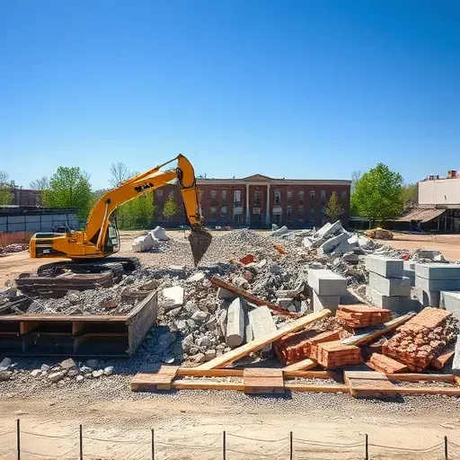 Demolition site in Lexington SC with heavy machinery, rubble, and construction materials under a clear blue sky.