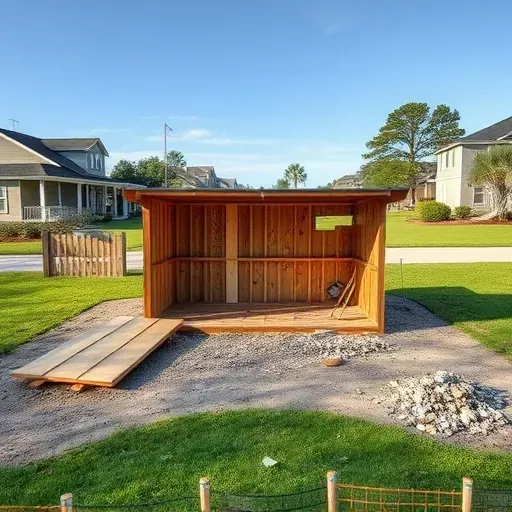 Recently demolished shed in Charleston South Carolina with organized debris in a suburban neighborhood scene