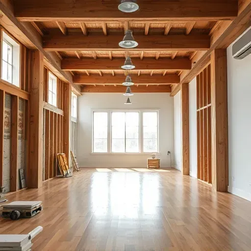Renovated Charleston interior with exposed beams hardwood floors industrial lighting partially stripped walls organized debris