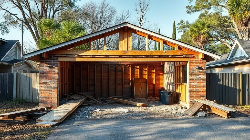 Garage demolition project underway in Charleston SC with crew and machinery on site.