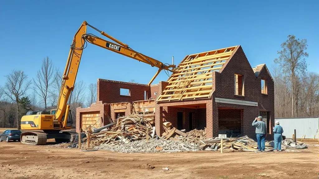 Demolition in Greer SC with heavy machinery and debris scattered around the site.