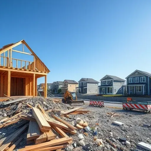Freshly demolished house in Charleston SC with debris, exposed beams, construction equipment, and a tidy neighborhood scene