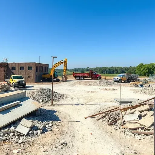 Completed demolition site in Simpsonville SC with neatly piled debris, blue sky, and construction equipment present.