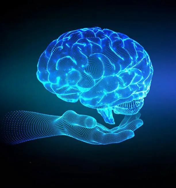 Human profile with glowing brain and energy fields