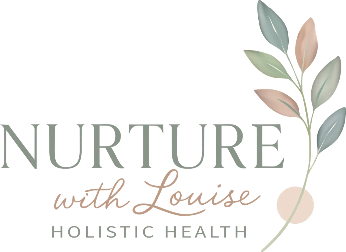 Delicate logo with botanical elements and 'Nurture With Louise' text