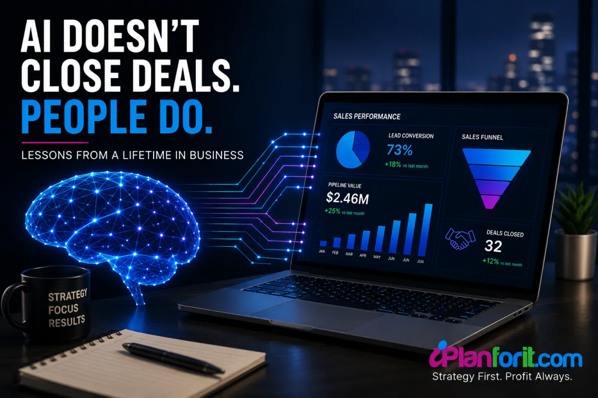 Sales professional using AI dashboard with lead scores and revenue charts