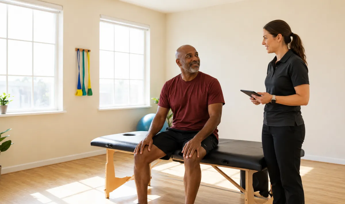 A patient and clinician reviewing worksheets and a tablet together during a cognitive rehabilitation session