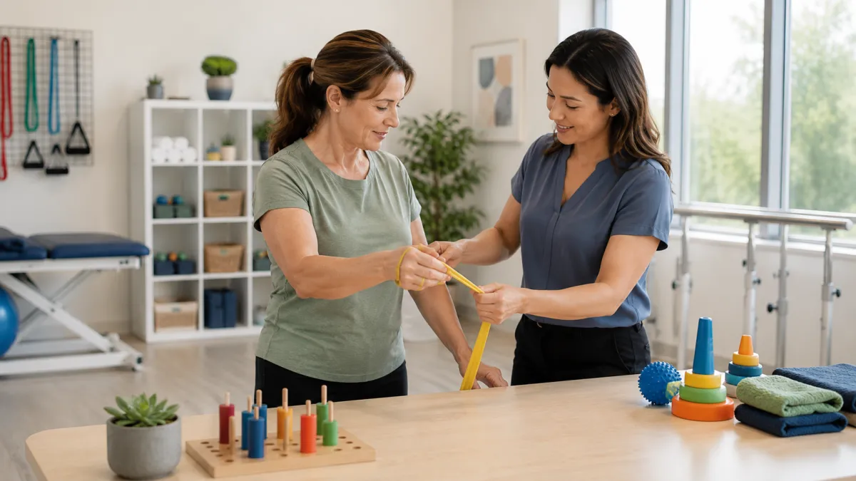 Occupational therapist guiding a patient through resistance band exercises in a rehabilitation clinic