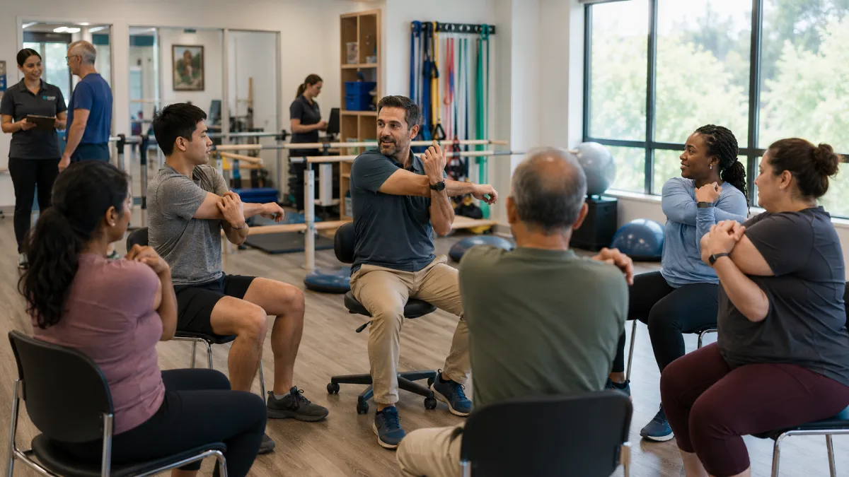 A collaborative rehabilitation session focused on movement, recovery, and functional independence.