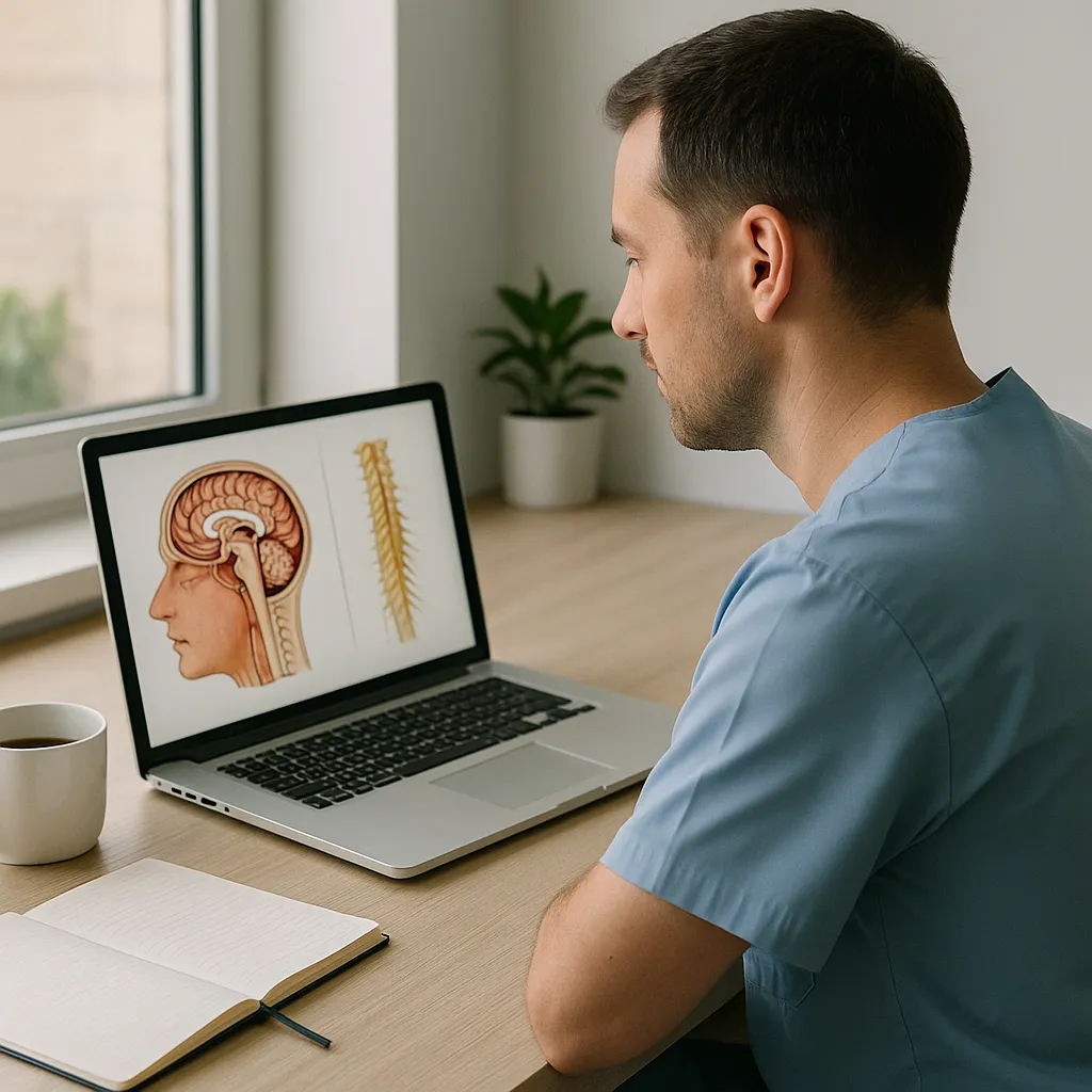 Profesional estudiando neuroanatomía en línea en laptop