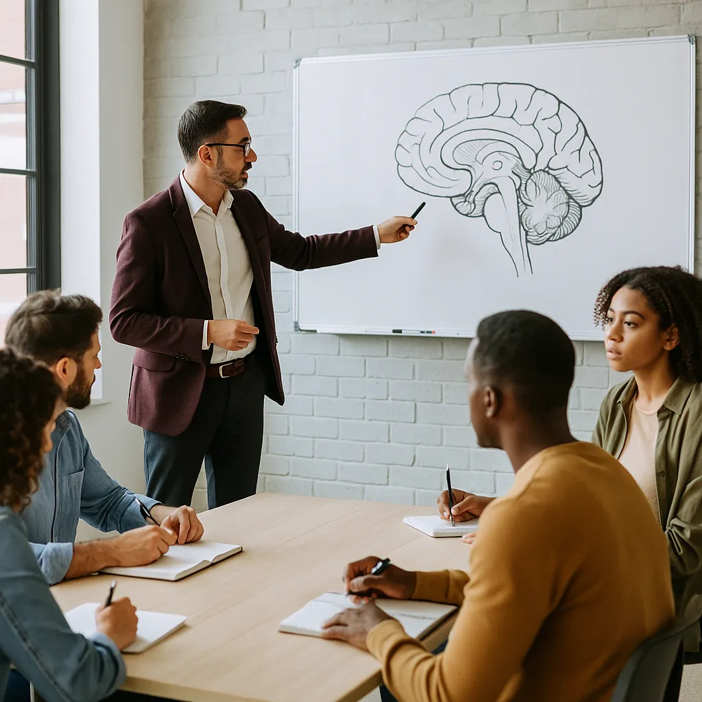 Instructor explica neuroanatomía a profesionales en aula