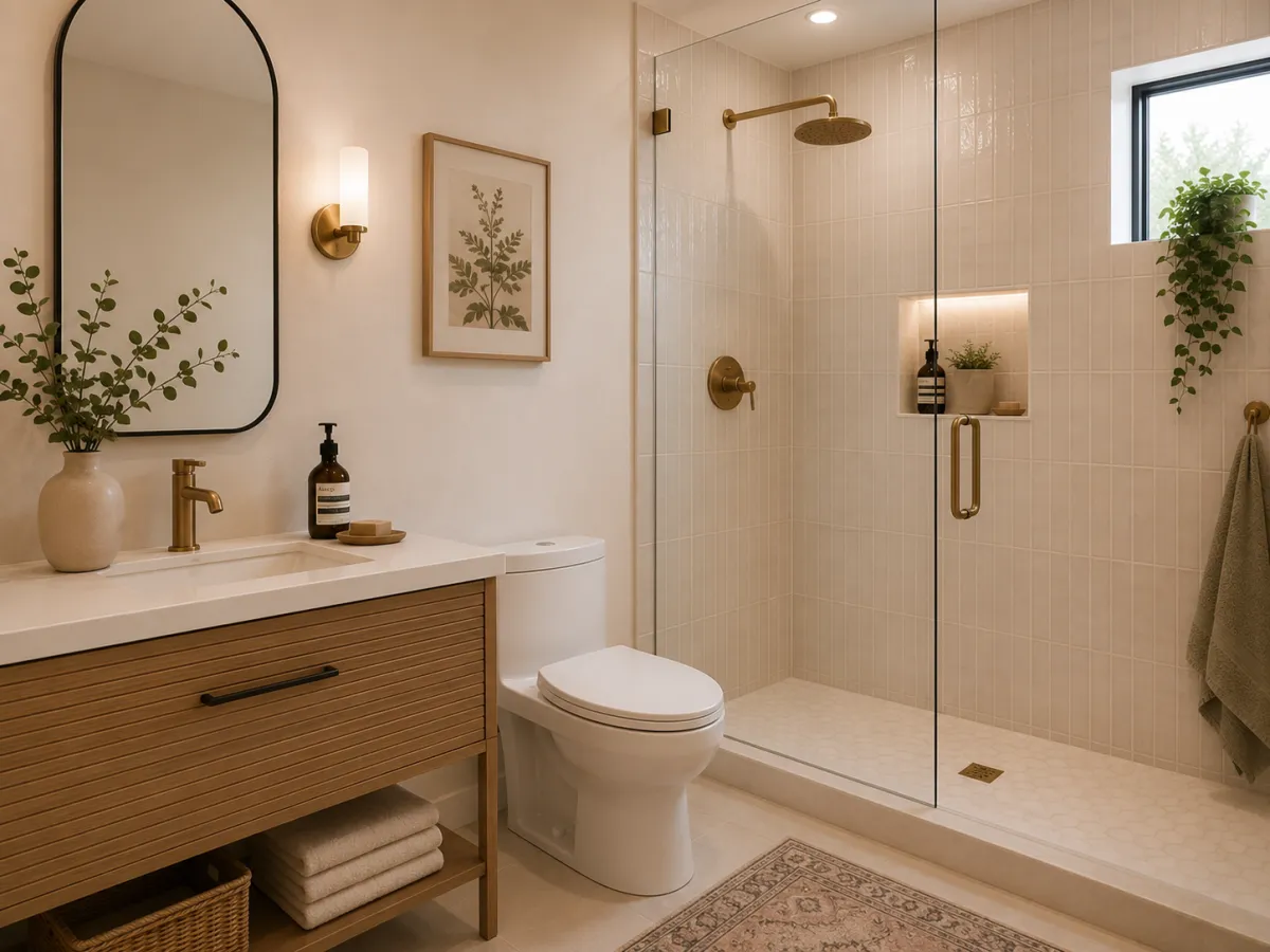 Modern Oakley bathroom remodel with wood vanity, brass fixtures, walk-in glass shower, neutral tile, and built-in storage.