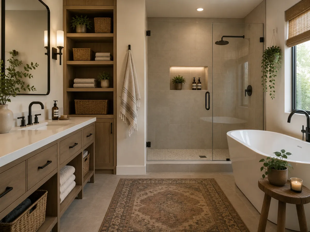 Modern Scandinavian bathroom vanity and storage upgrade in Oakley, CA, featuring warm wood cabinetry, open shelving, woven baskets, double sinks, and black fixtures.
