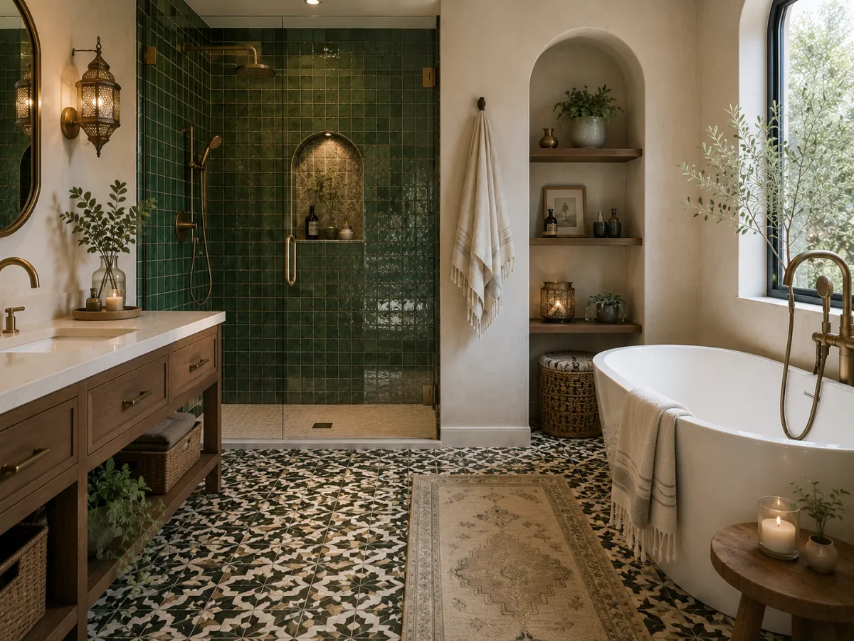Moroccan-inspired bathroom tile and flooring remodel in Oakley, CA, featuring emerald green zellige shower tile, patterned mosaic floors, arched niches, and brass fixtures.
