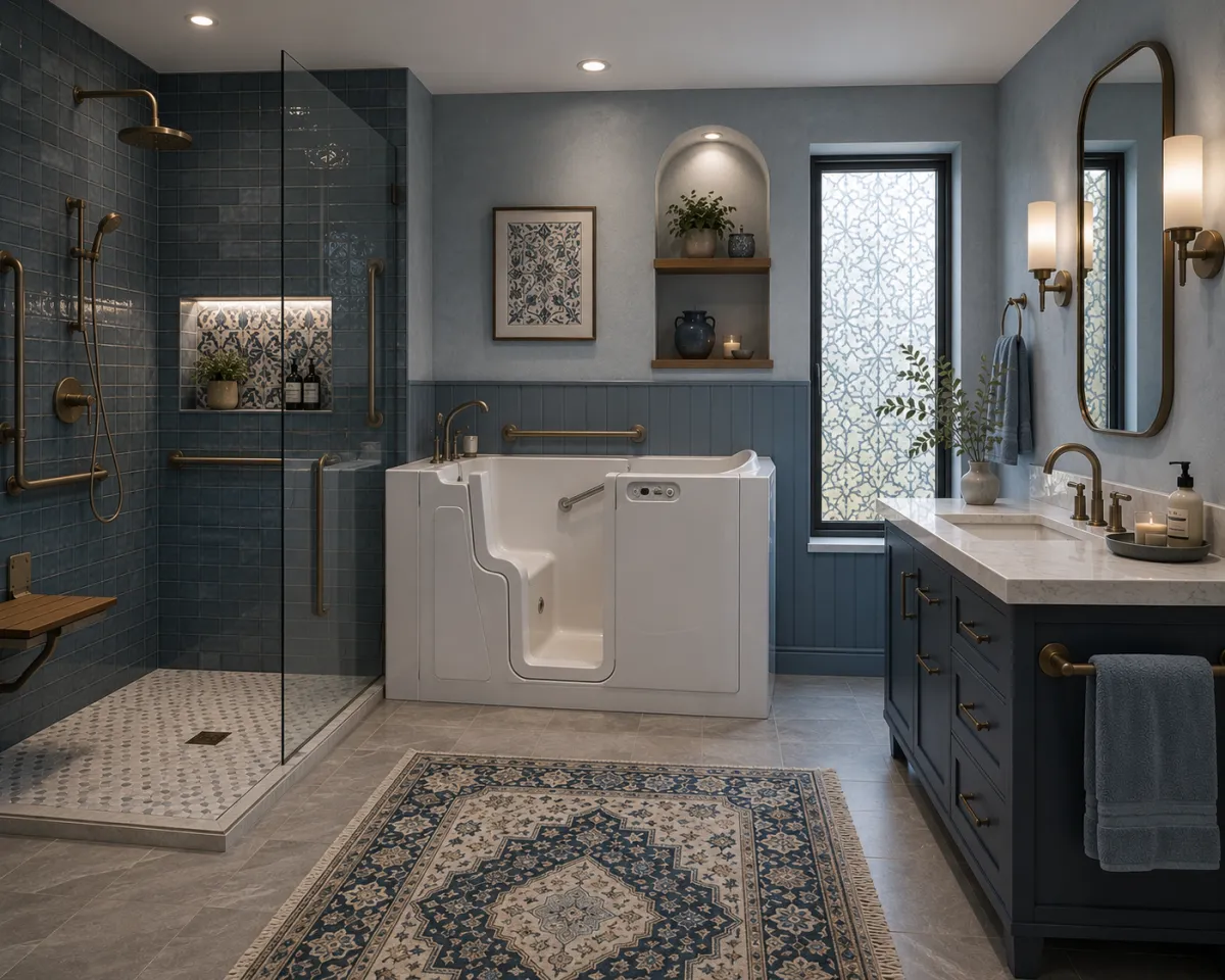 Accessible bathroom remodel in Oakley, CA, featuring a walk-in tub, curbless shower, grab bars, built-in seating, blue tile, and a wheelchair-friendly vanity.