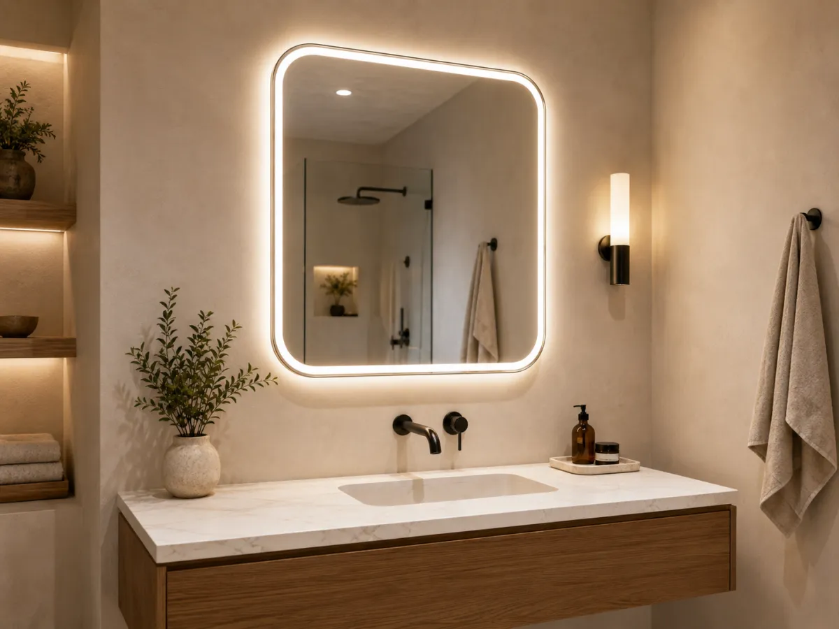 Modern bathroom lighting and fixture upgrade in Oakley, CA, featuring an illuminated LED vanity mirror, warm ambient lighting, matte black faucet, and natural wood vanity.