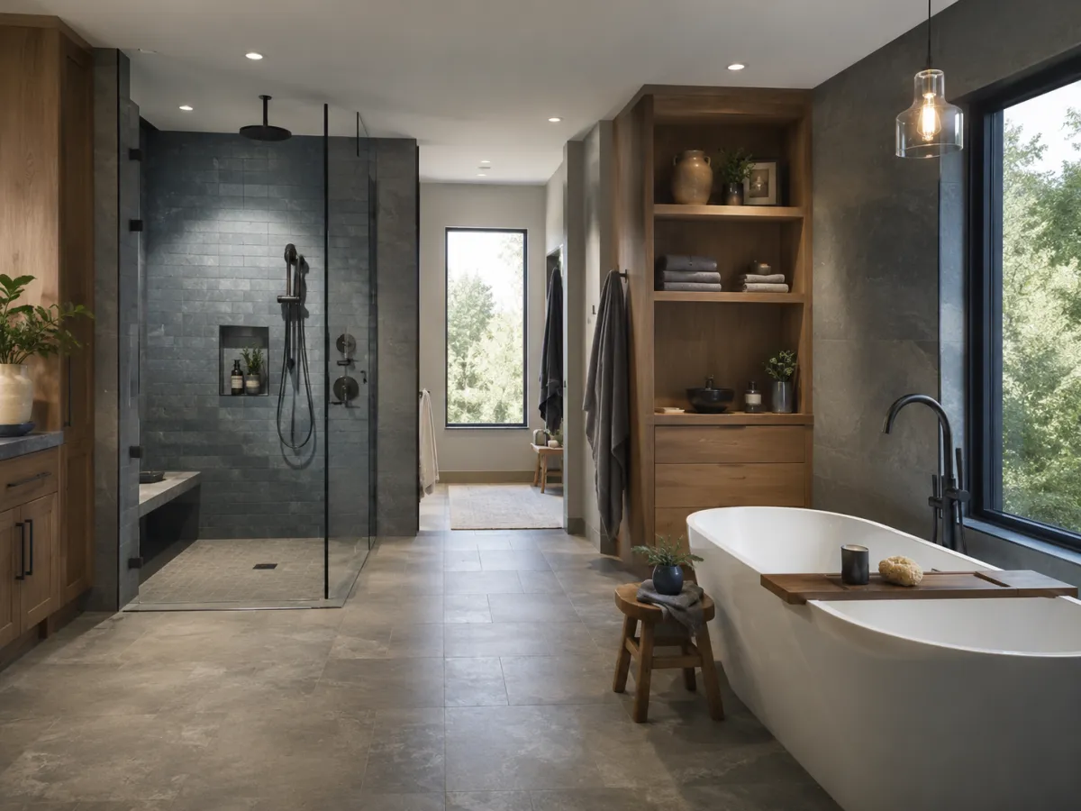 Large modern Oakley bathroom remodel with blue-gray tile, walk-in glass shower, freestanding tub, warm wood storage, and black fixtures.