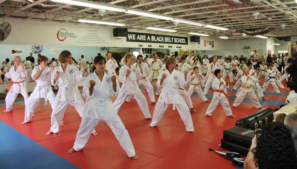 A dynamic group of diverse adults practicing Hapkido in a sunlit modern living room, each performing a different technique with focused expressions.