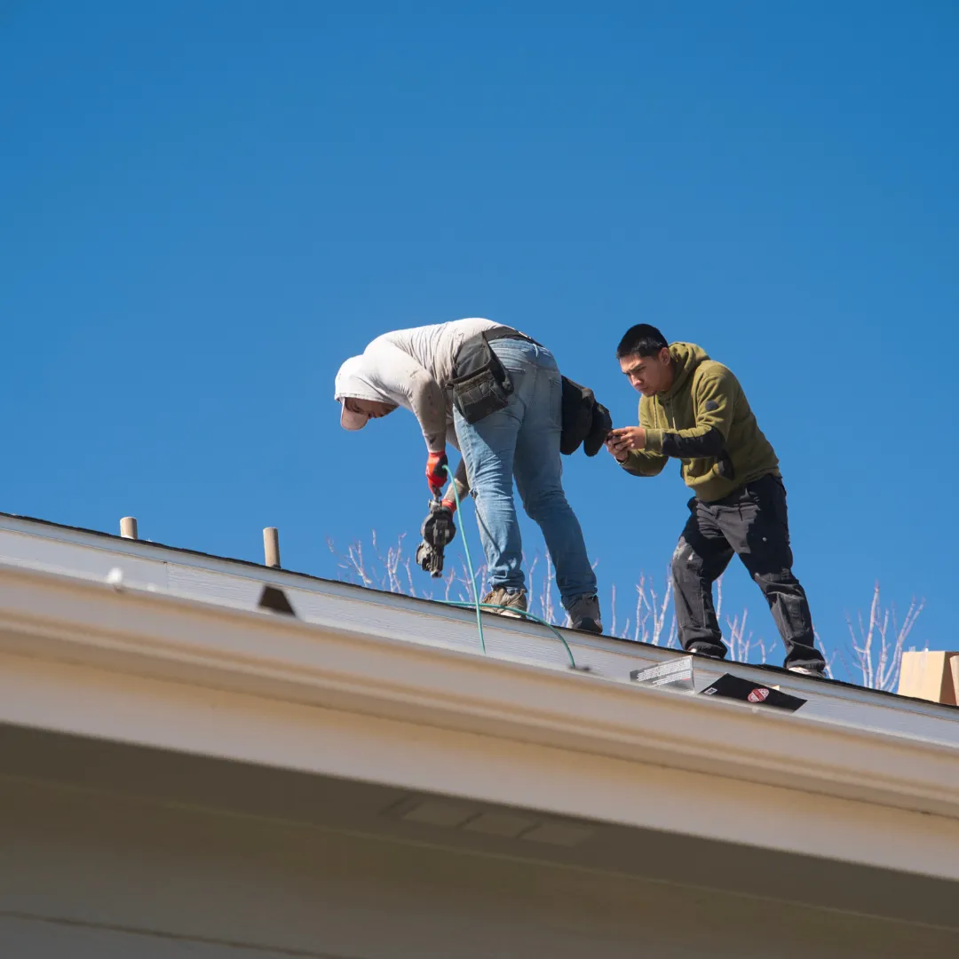 Roofing workers installing asphalt shingles on residential roof