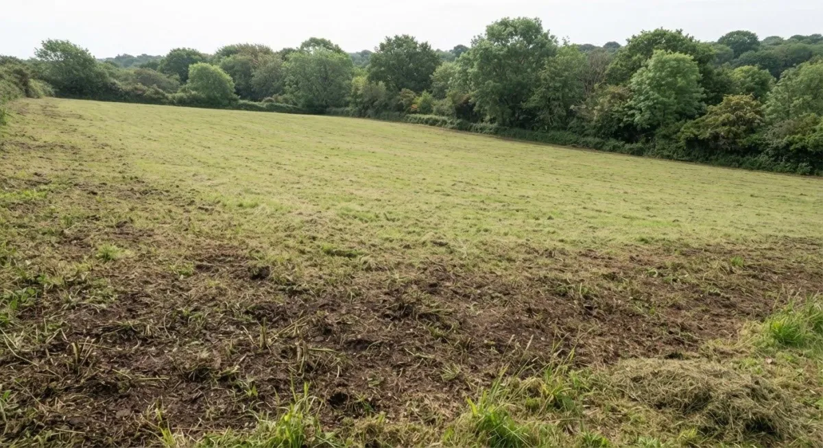 Fully cleared, grubbed, and leveled dirt parcel after forestry mulching and excavation