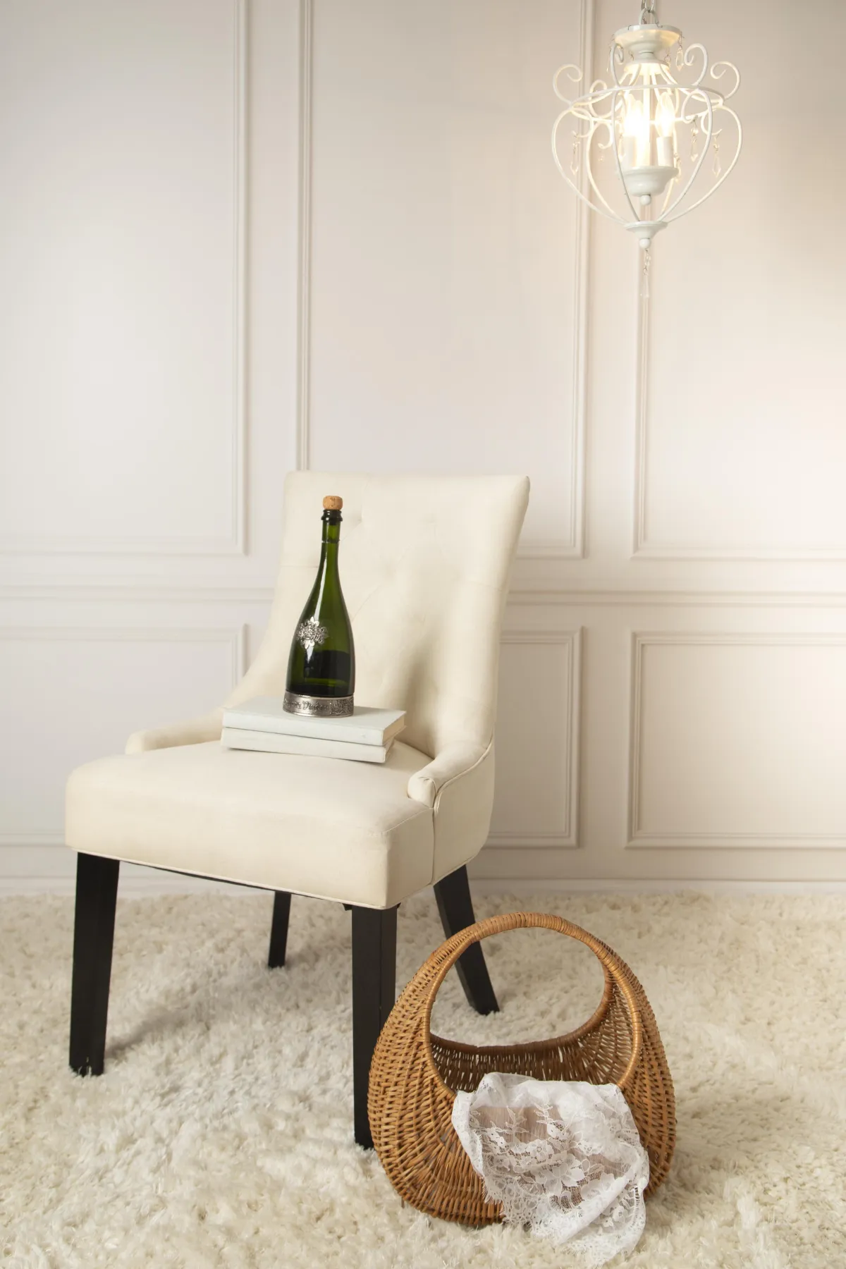 studio setup chair with Champaign and basket 