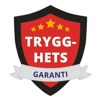 Sköldformad symbol med texten "TRYGGHETSGARANTI"