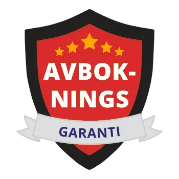 Sköldformad symbol med texten "AVBOKNINGSGARANTI"