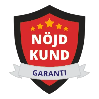 Sköldformad symbol med texten "NÖJDKUNDGARANTI"