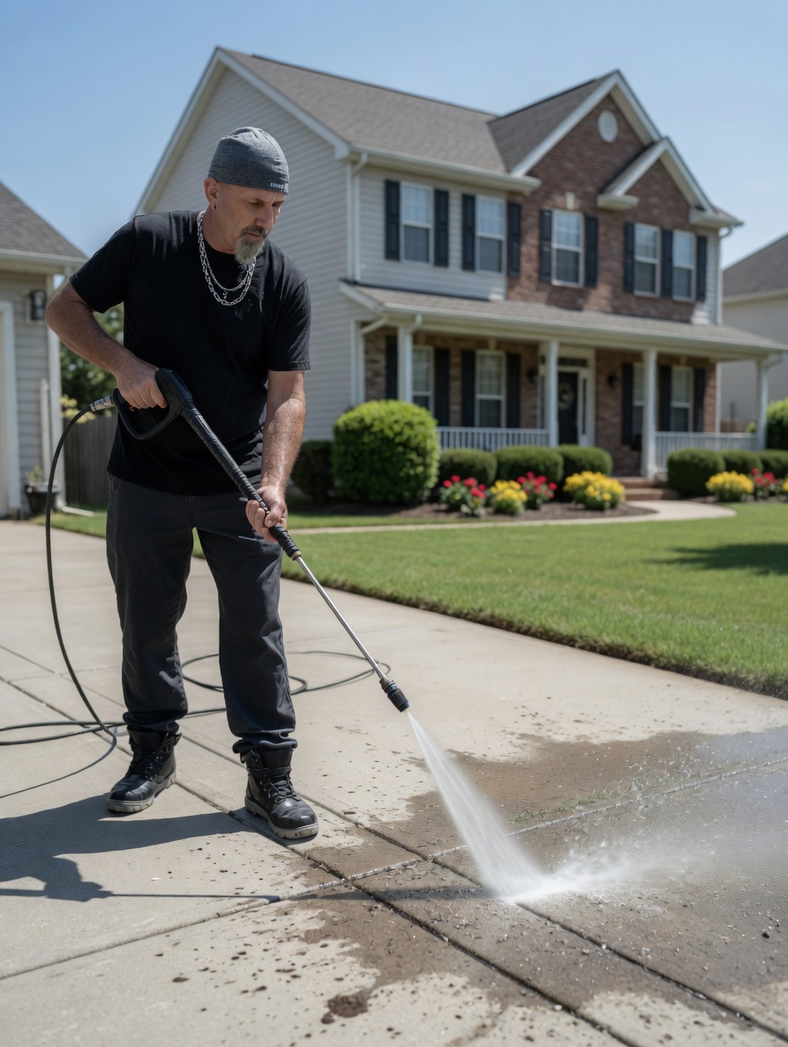 Pressure washing a driveway in Aurora, CO