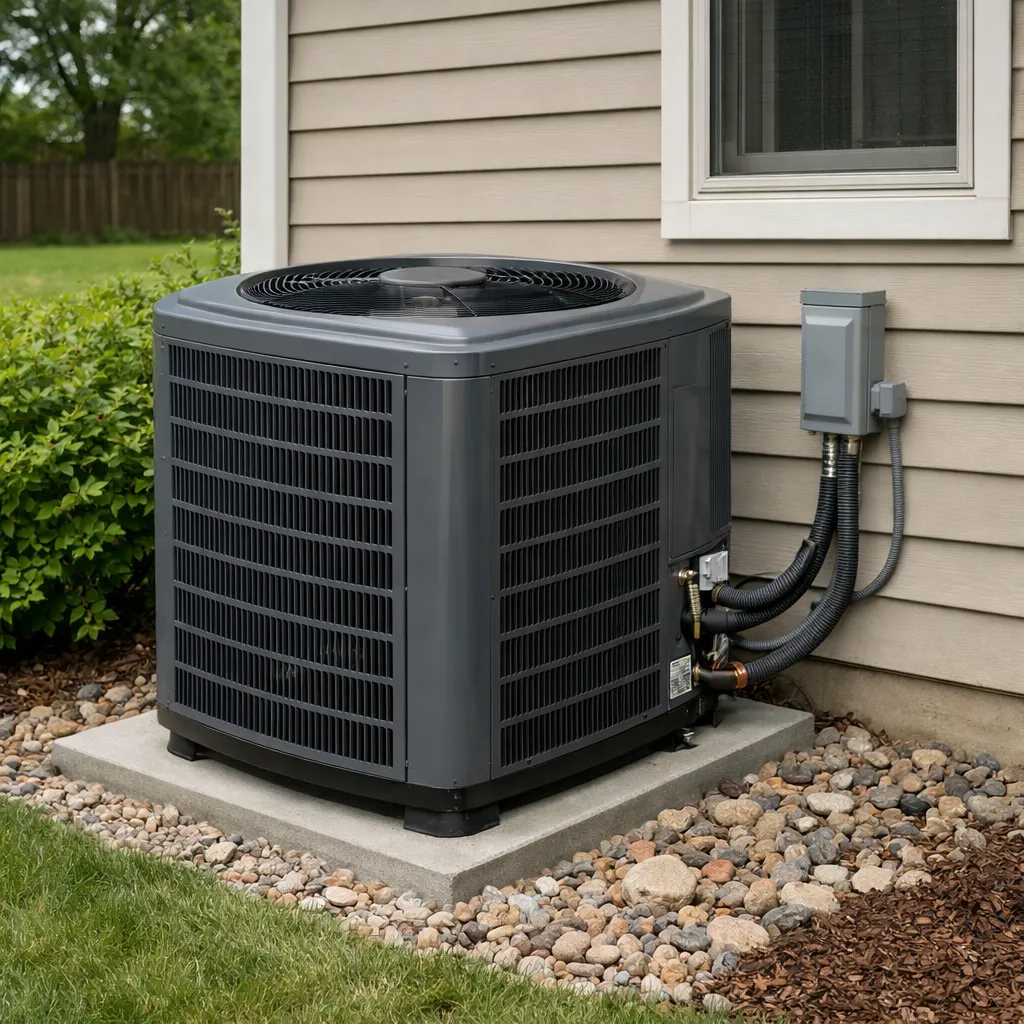Air conditioner unit below large windows with green curtains