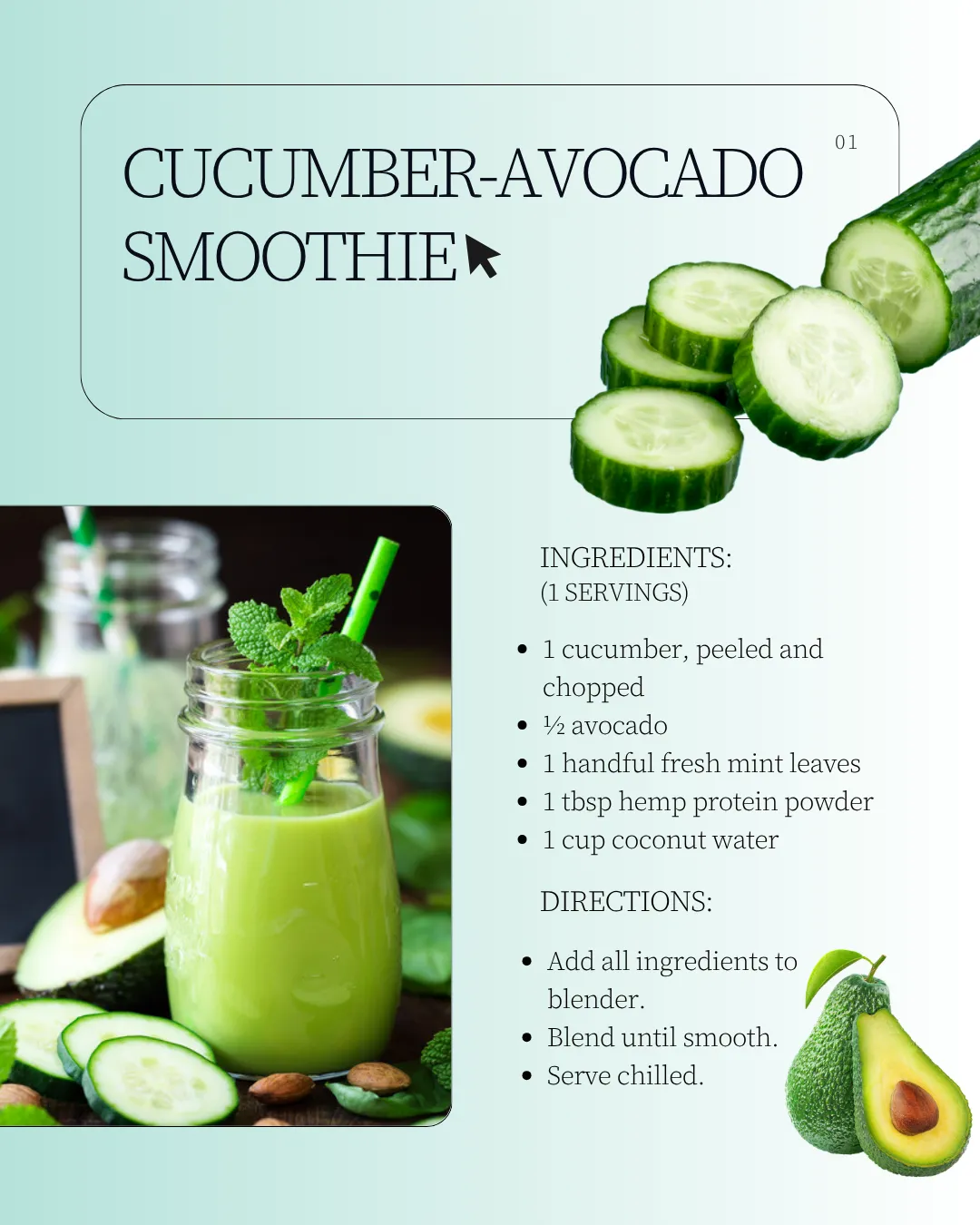 Cucumber-Avocado Smoothie ingredients and finished drink in a glass.
