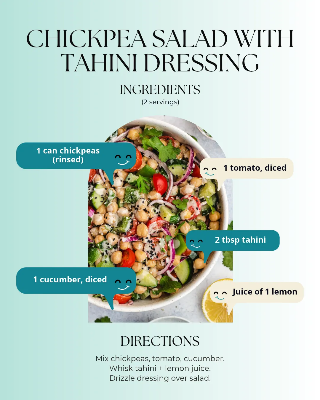 Bowl of chickpea salad with tahini dressing, featuring chickpeas, tomato, cucumber, and lemon.