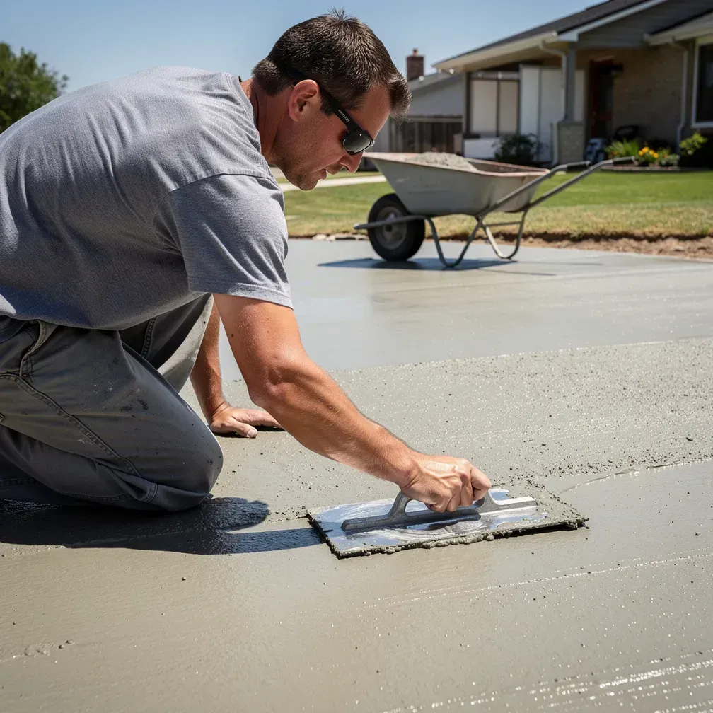 Local concrete contractor smoothing a fresh driveway slab by hand in Warrensville Heights, Ohio.