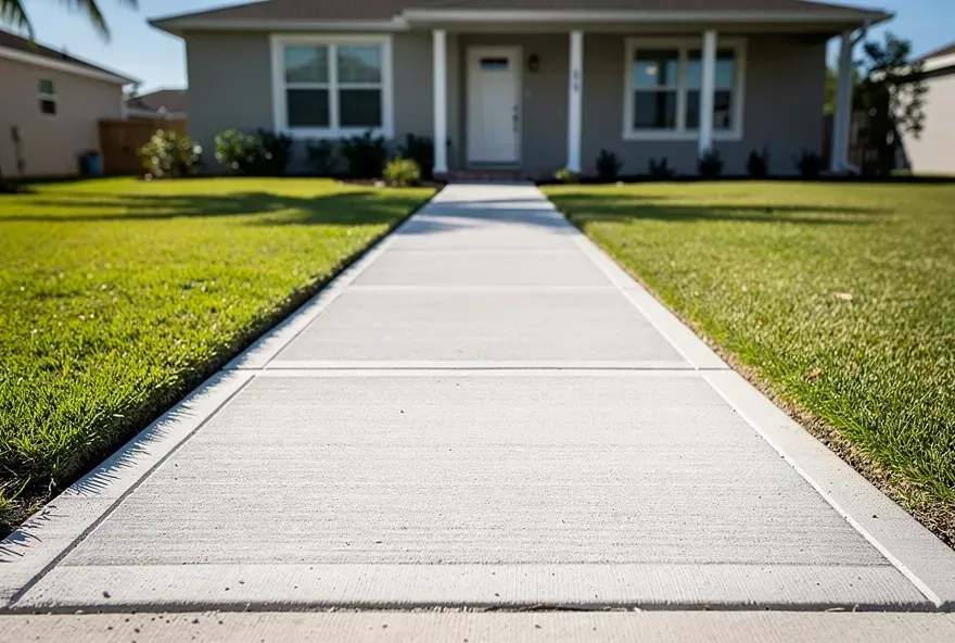 Newly installed concrete sidewalk along a residential yard in Warrensville Heights, Ohio.