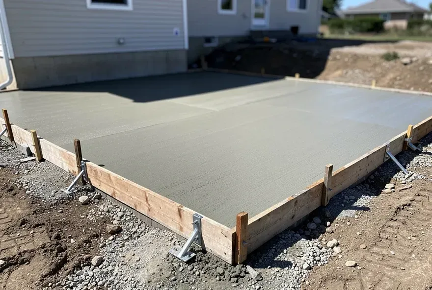 Freshly poured concrete foundation slab at a residential project site in Warrensville Heights, Ohio.