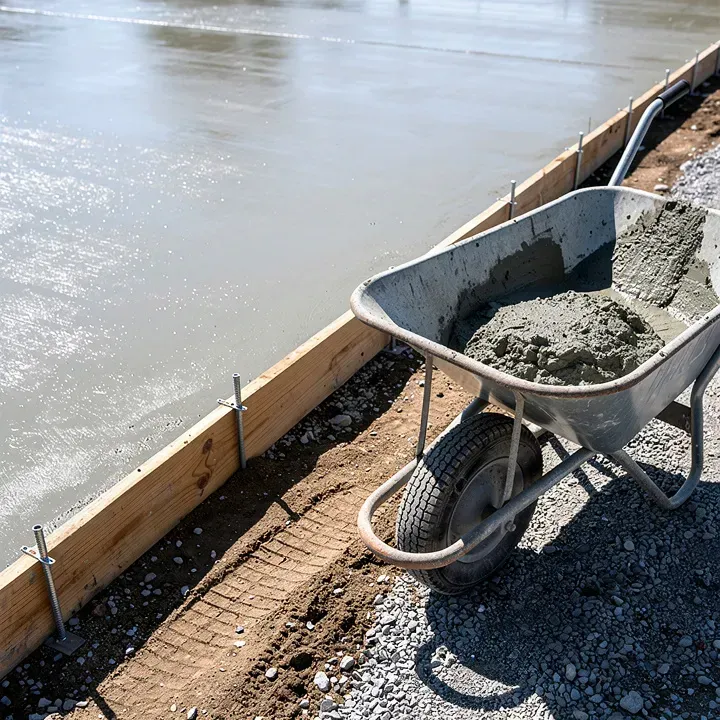 Wheelbarrow of fresh concrete beside a partially poured residential slab in progress.