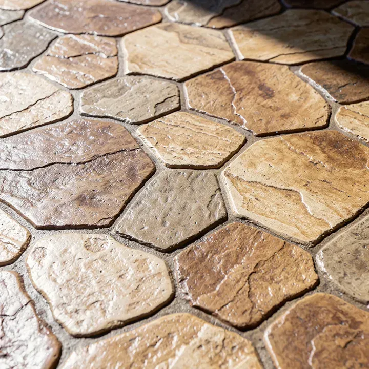 Close-up of finished stamped concrete surface with realistic stone pattern texture.