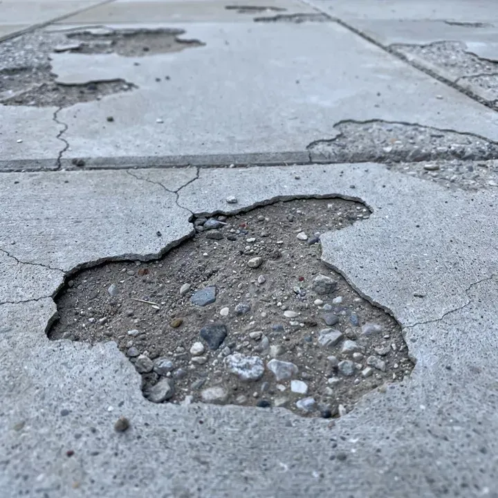 Close-up of a concrete patio surface with flaking and spalling damage exposing aggregate underneath.