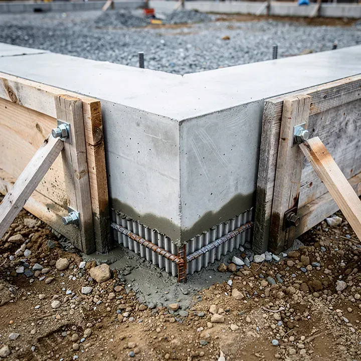 Close-up of a freshly poured concrete foundation corner with form boards and rebar visible at a residential site.