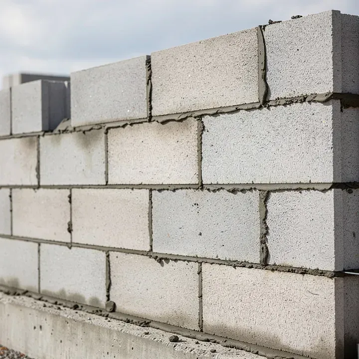 Close-up of a concrete block wall under construction showing mortar joints and block coursing.